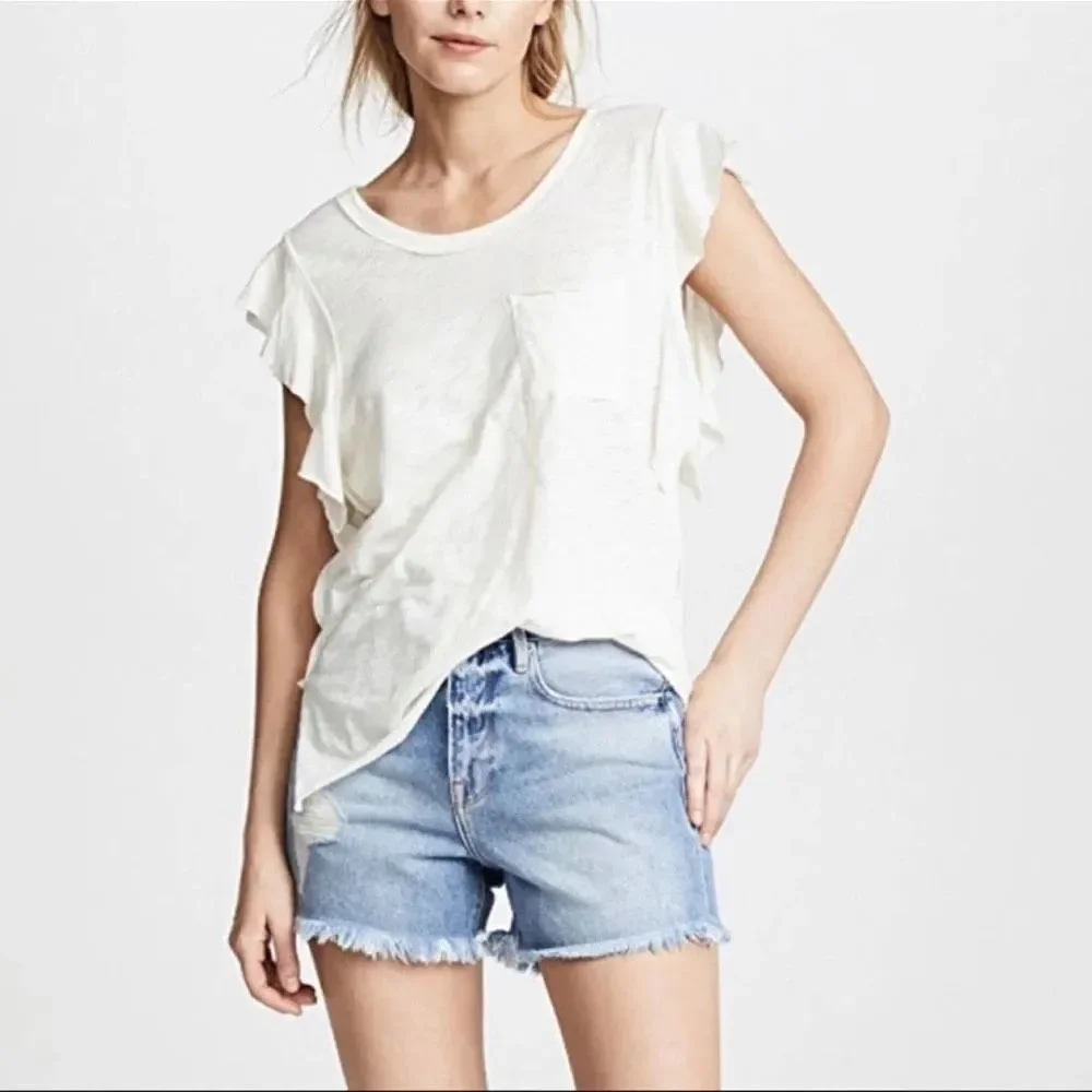 Free People Ivory Flutter Sleeve Pocket Tee Boho Casual Size XS